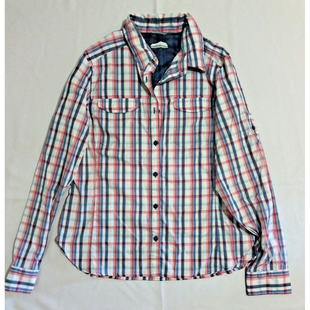 Columbia Womens Large Plaid Long Sleeve Shirt Red Blue White Button Up Outdoor